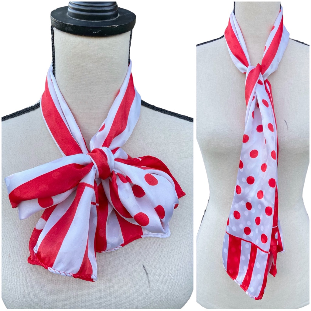 Vintage 80s Oblong Polyester Scarf Striped Polka Dot Red White 53” X 10”
